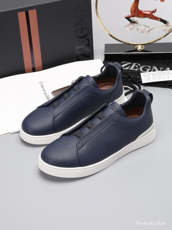 2024 Men Ermenegildo Zegna Navy Leather Low Top Sneakers MJ00240