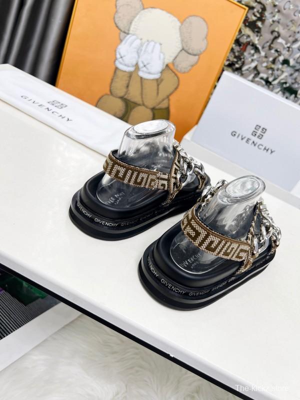 2025 Women GIVENCHY Brown Black Leather Chain Sandals LY00260