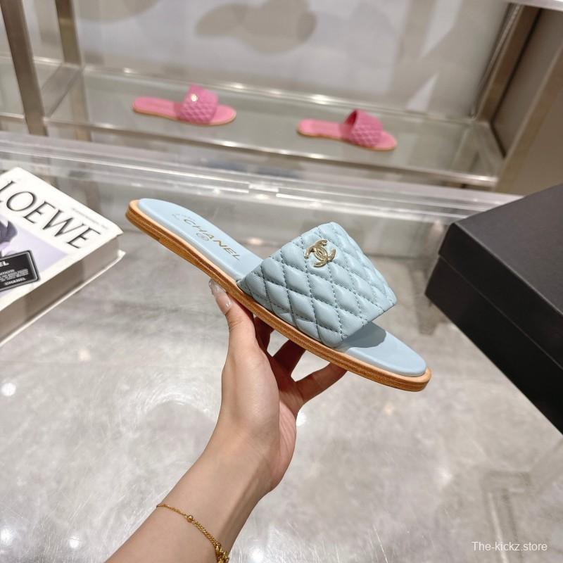 2025 Women Chanel Light Blue Lambskin Slippers