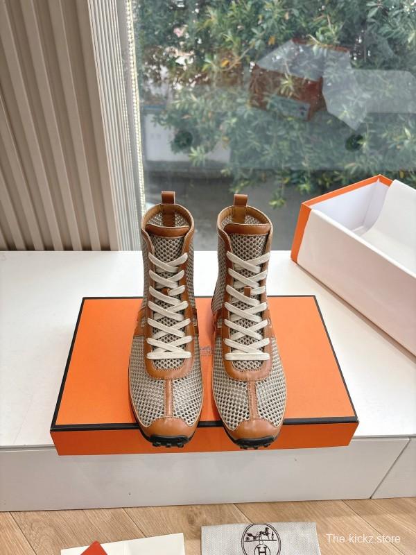 2025 Women Hermès Beige Brown Leather Mesh Boots