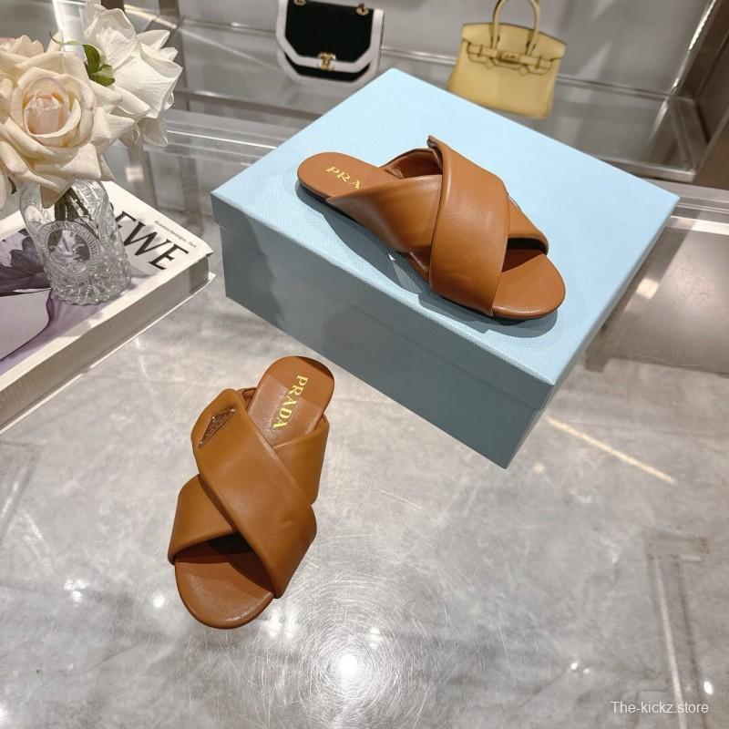 2025 Women Prada Brown Leather Slippers