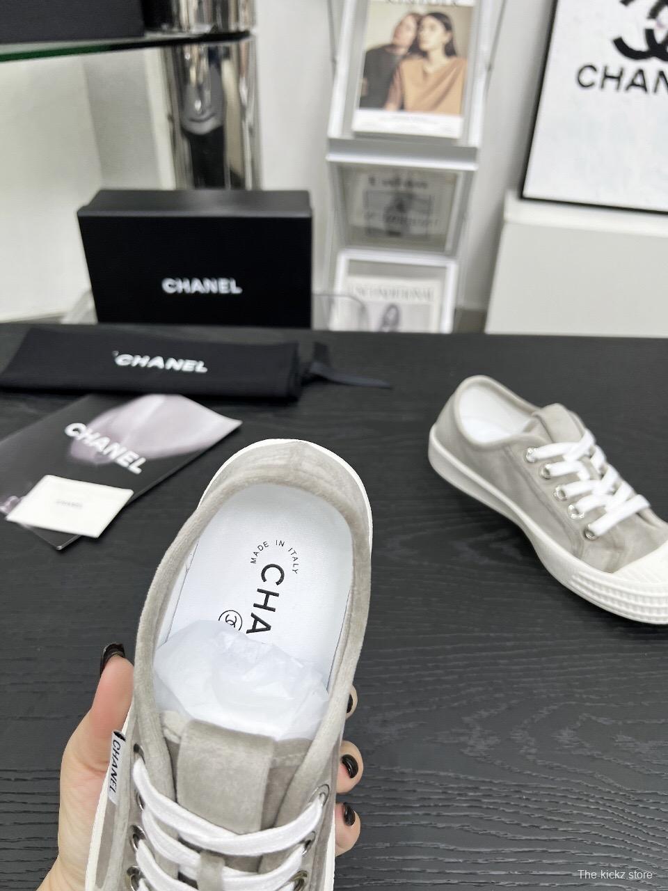 2025 Women Chanel Grey Canvas Leather Casual Sneakers LY00230