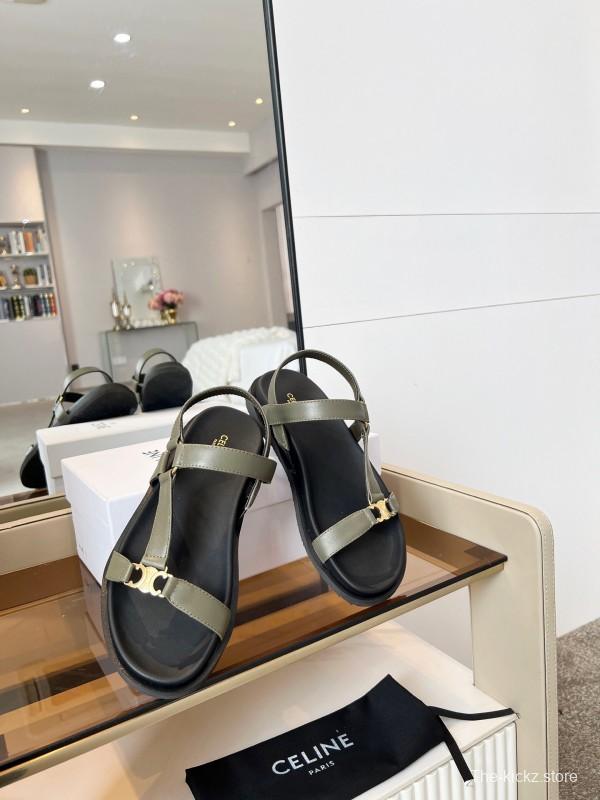 2025 Women Celine Khaki Leather Sandals