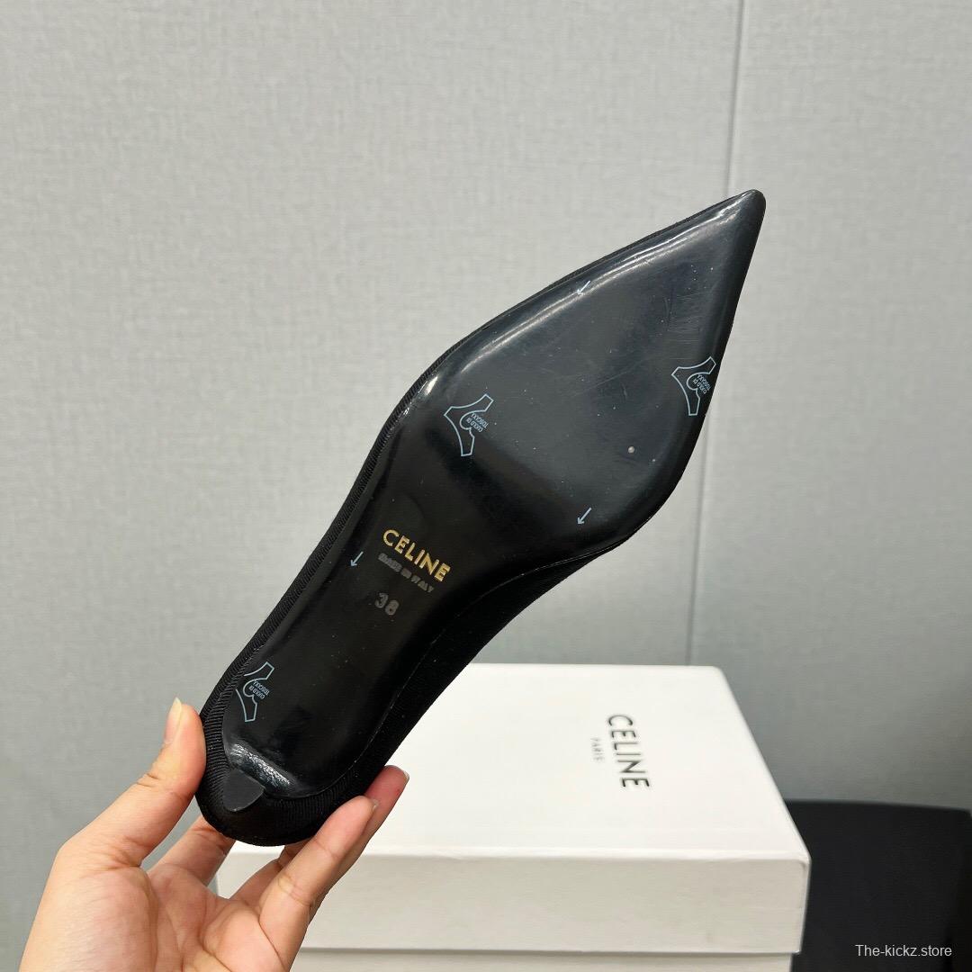 2025 Women Celine Black Fabric Pointed Toe Metal Buckle Pumps