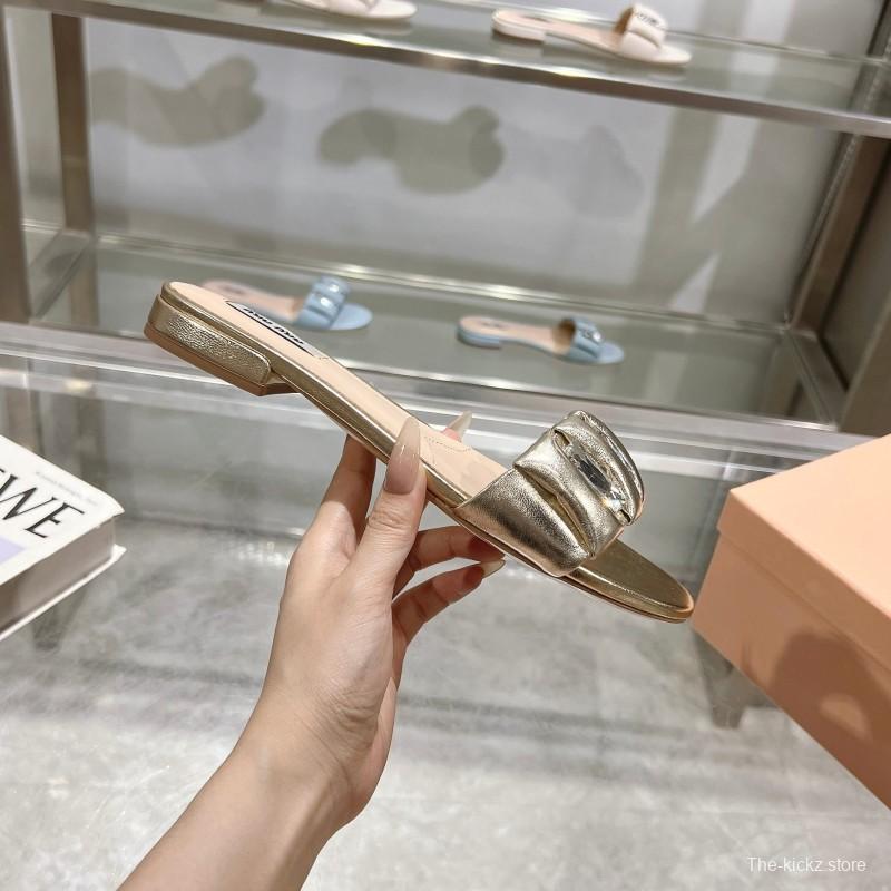 2025 Women Miumiu Metallic Leather Slippers