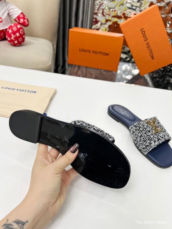 2025 Women Louis Vuitton Navy Tweed Leather Slippers LY00210