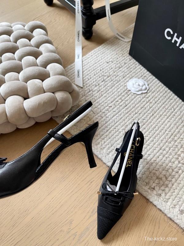 2025 Women Chanel Black Leather Slingback Bowknot Pumps KFY00320