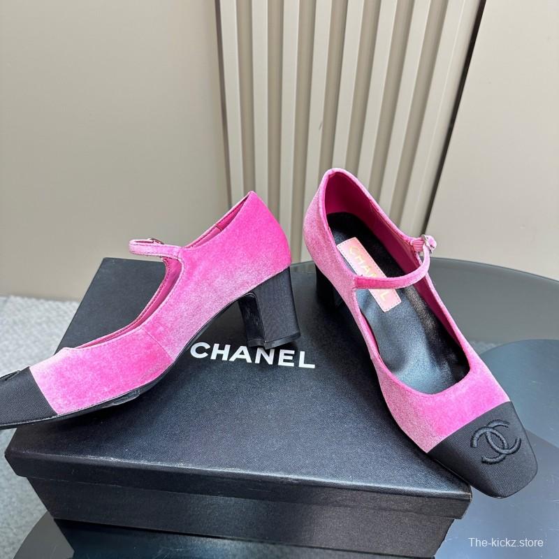 2025 Women Chanel Pink Black Velvet Mary Jane Shoes