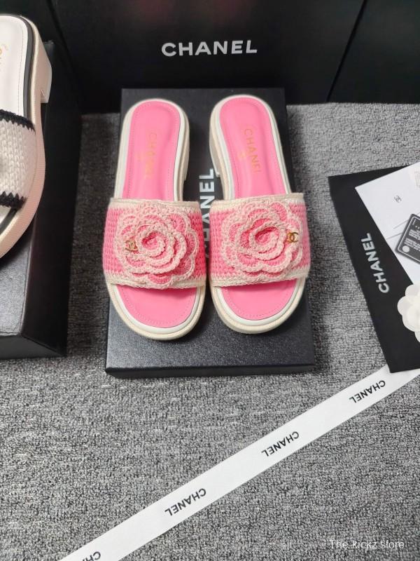 2025 Slippers Chanel Pink Straw Slide Floral LY00360