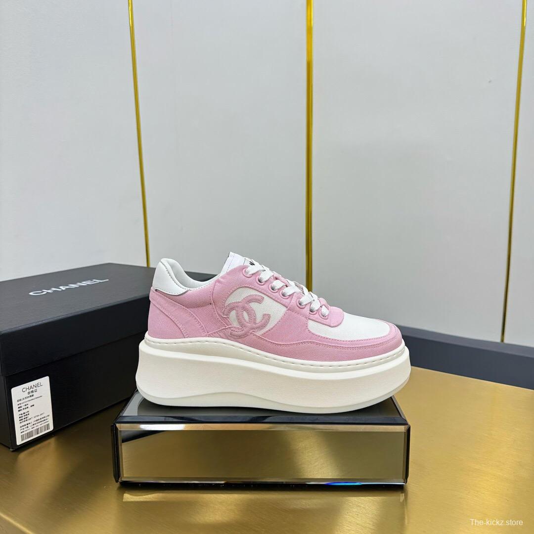 2025 Women Chanel Pink White Leather Suede Platform Sneakers