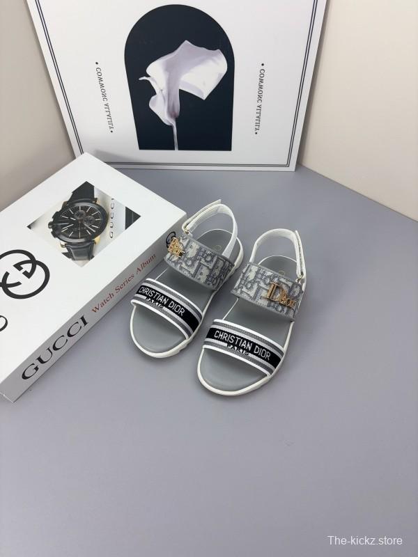 2025 Kids Dior Gray Black Canvas Leather Sandals