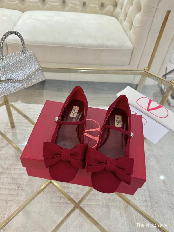 2025 Women Valentino Red Fabric Mary Jane Bow Flat LY00300