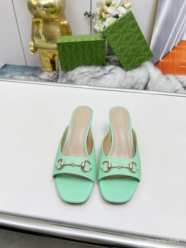 2025 Women Gucci Green Leather Heeled Slippers MJ00180