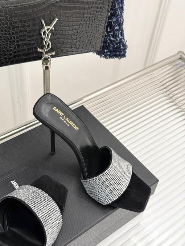 2025 Women Yves Saint Laurent Black Silver Crystal Leather Heeled Slippers LY00300