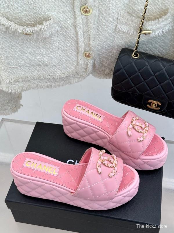 2025 Women Chanel Pink Leather Platform Slide Sandals