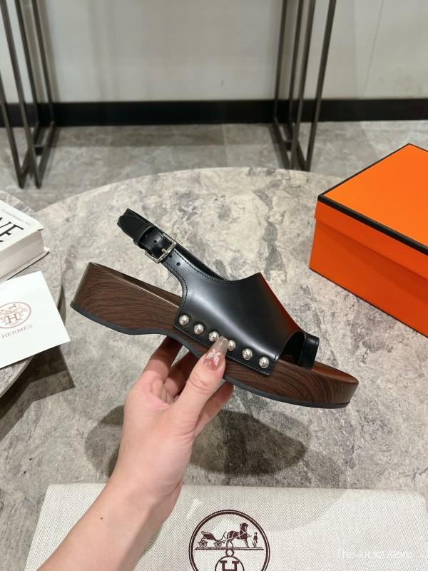 2025 Women Hermès Black Leather Sandals