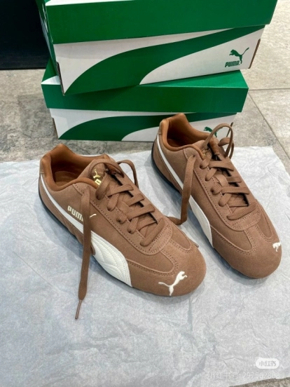 2025 Women Puma Brown White Suede Leather Sneakers KFY00260