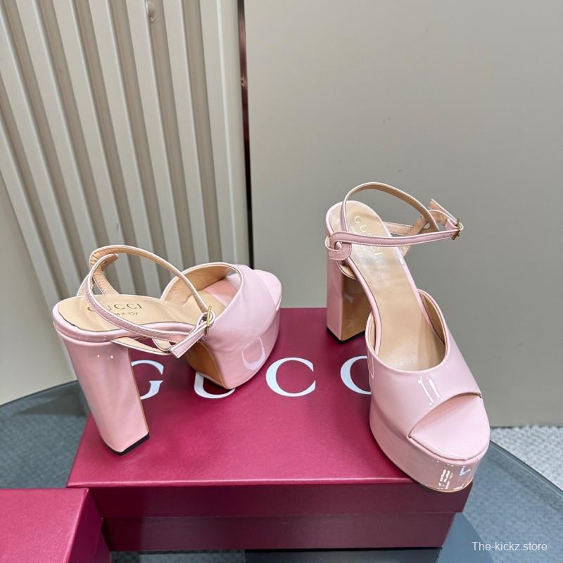 2025 Women Gucci Pink Patent Leather Platform Sandals