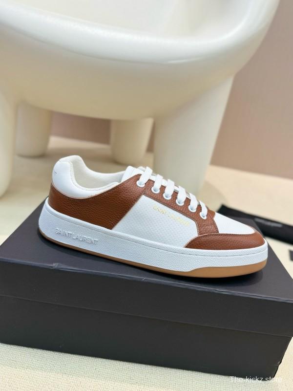 2024 Unisex Yves Saint Laurent White Brown Leather Canvas Sneakers MJ00350