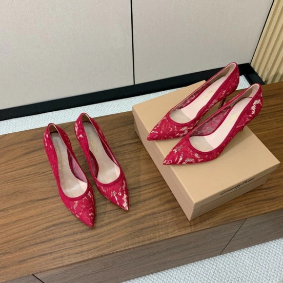 2025 Women Gianvito Rossi Red Lace Leather Pumps KFY00280