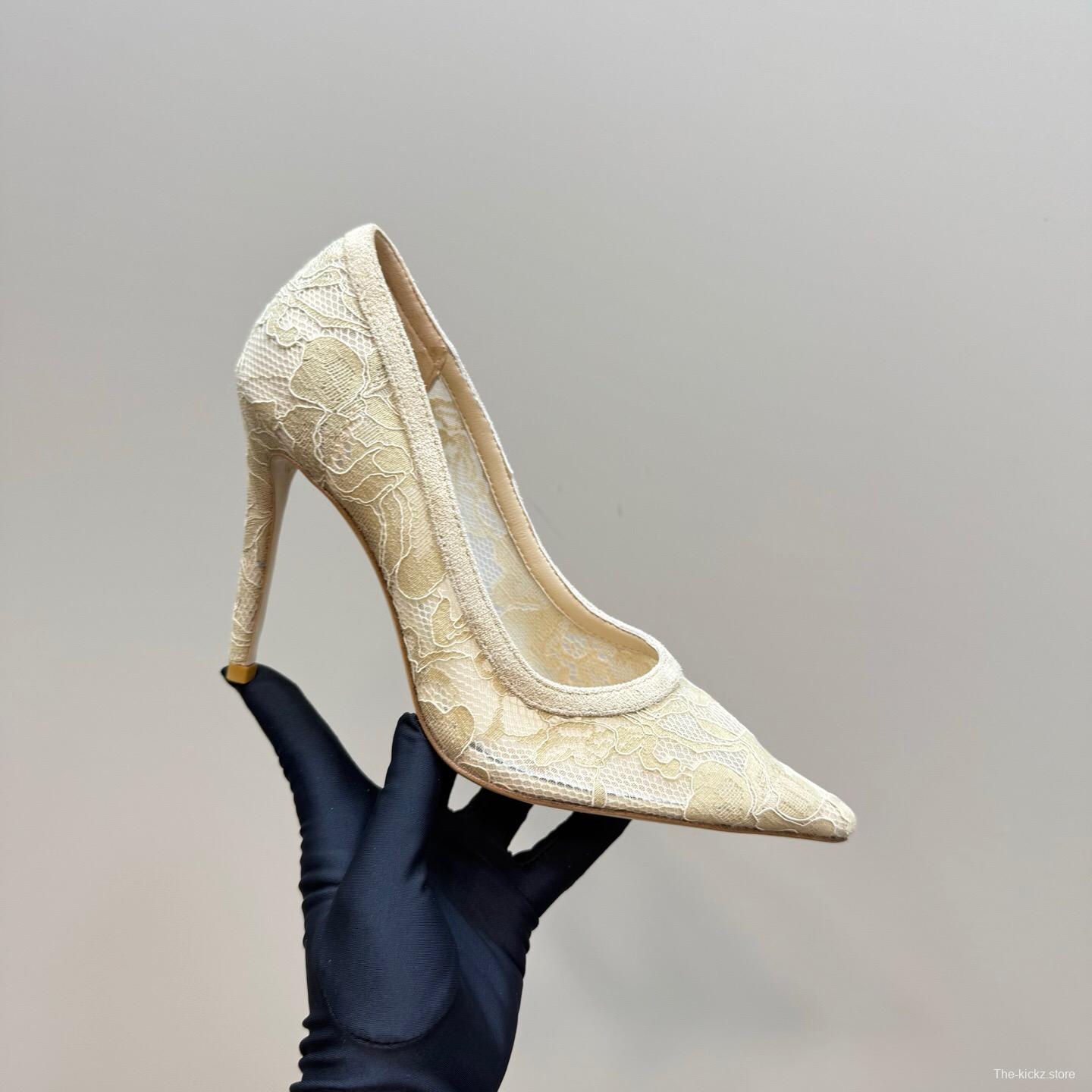 2025 Women Gianvito Rossi Beige Lace Leather High Heels KFY00280