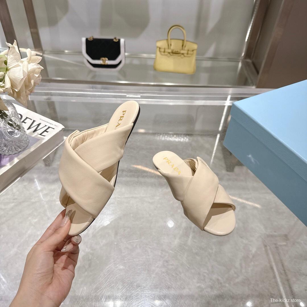 2025 Women Prada Cream Leather Slippers
