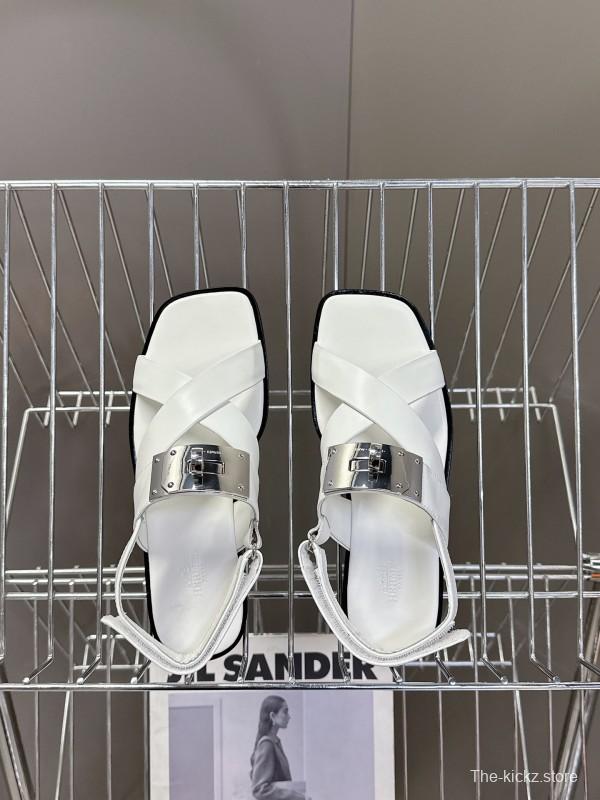 2025 Women Hermès White Calf Leather Sandals Metal Buckle KFY00300