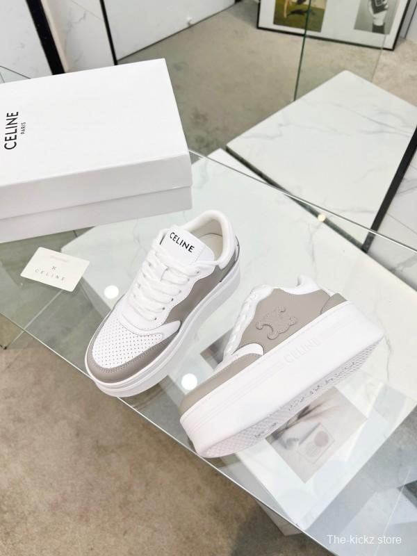 2025 Women Celine White Grey Leather Block Triomphe Sneakers LY00270
