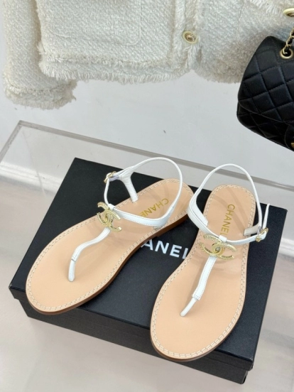 2025 Women Chanel White Leather Sandals KFY00290