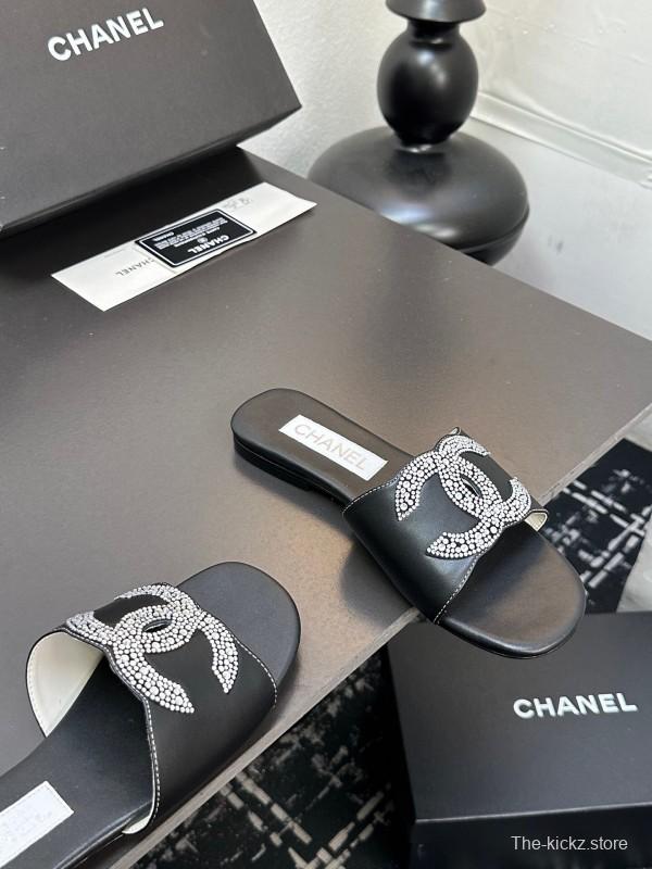 2025 Women Chanel Black Leather Rhinestone Logo Slide Sandals LY00360(F)