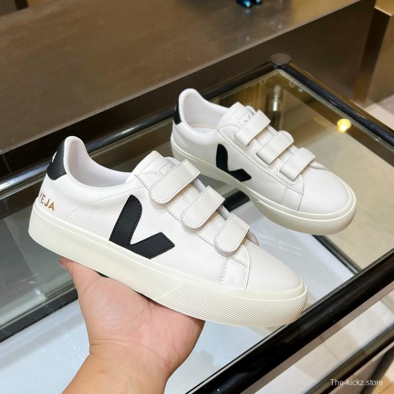 2025 Unisex VEJA White Black Leather Canvas Sneakers Velcro MJ00240(W/M)