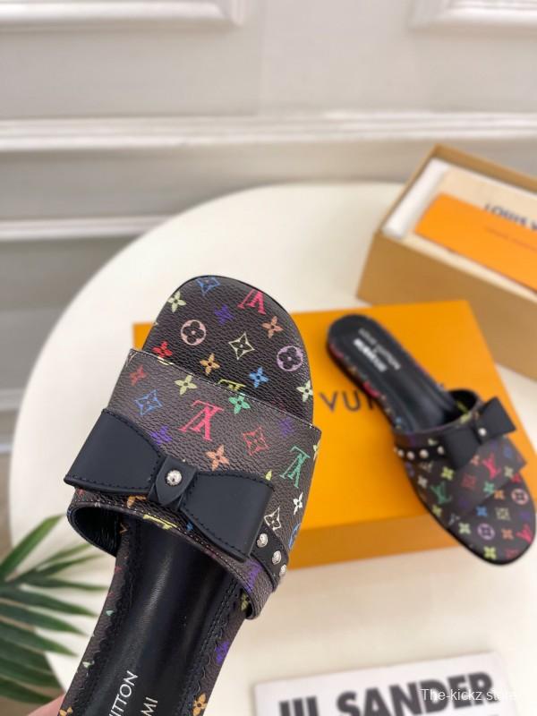2025 Slippers Louis Vuitton Black Multicolor Monogram Leather Bow KFY00290