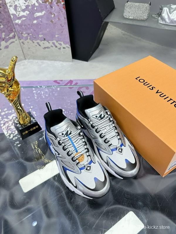 2025 Men Louis Vuitton White Blue Leather Mesh Sneakers MJ00420