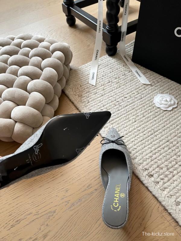 2025 Women Chanel Grey Fabric Pointed Toe Mules KFY00290