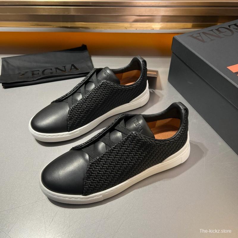2024 Men Ermenegildo Zegna Black Smooth Calfskin Pelletessuta Sneakers Elastic Detail MJ00280