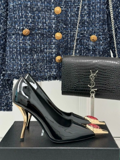 2024 Women Yves Saint Laurent Black Patent Leather High Heel Gemstone MJ00330