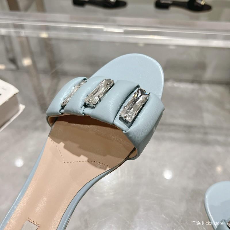 2025 Women Miu Miu Light Blue Leather Slippers