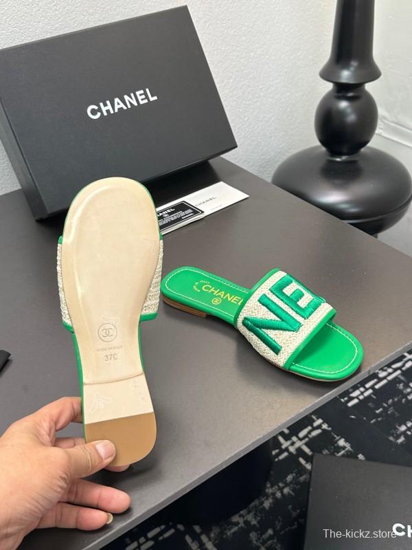 2025 Women Chanel Green Canvas Slippers