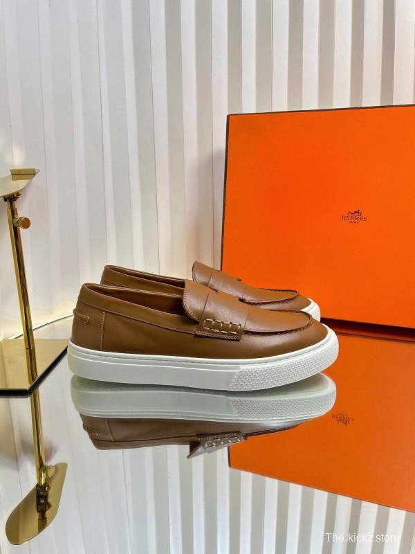 2025 Unisex Hermès Brown Leather Fabric Loafers Slip-On LY00310(F)/LY00320(M)