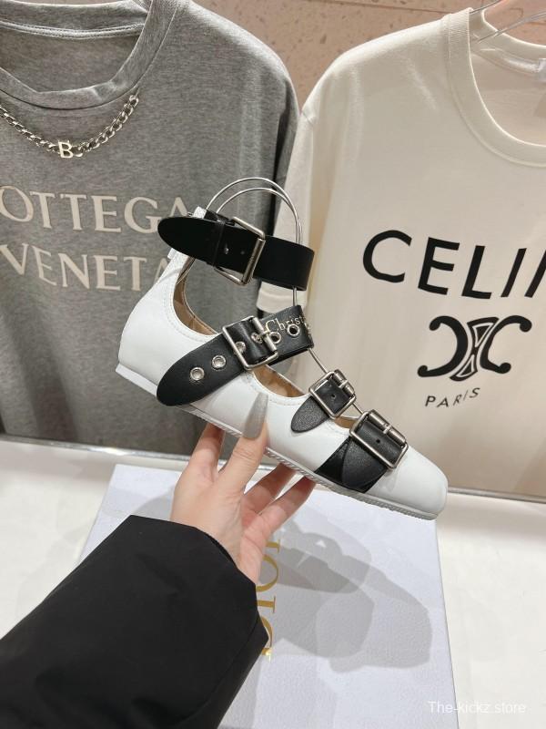2025 Women Dior White Black Leather Mary Jane Buckle Ballerina KFY00320