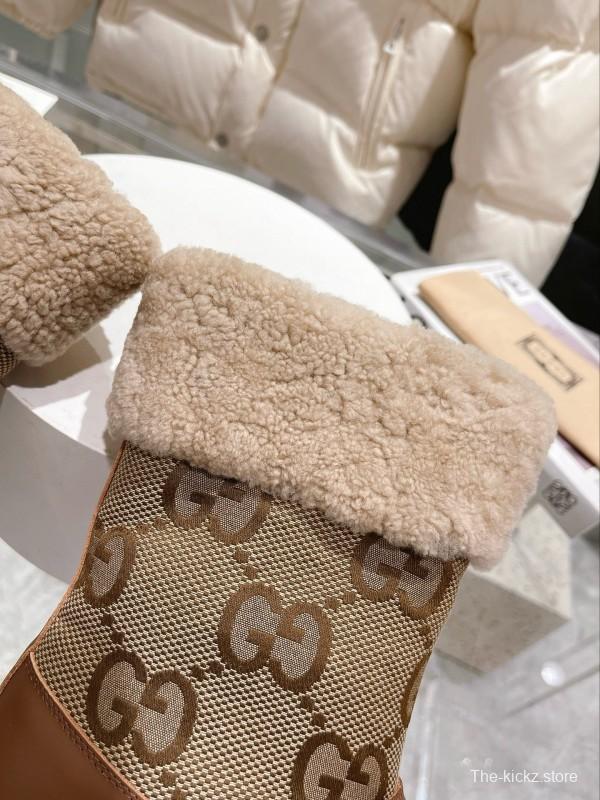 2024 Women Gucci brown leather sheep wool snow boots MJ00420