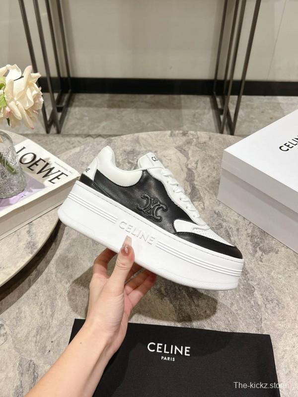2025 Women Celine Black White Leather Platform Sneakers KFY00330