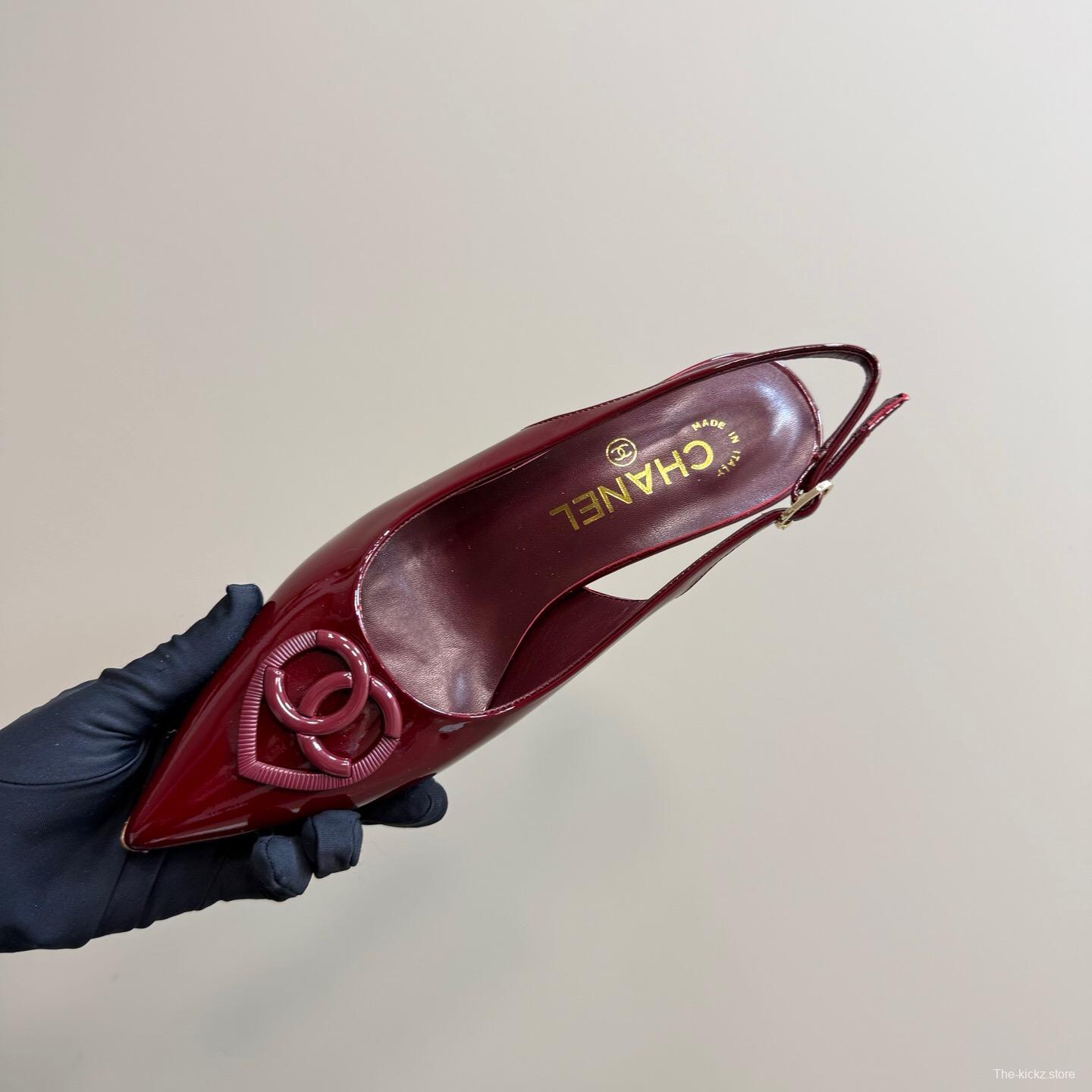 2025 Women Chanel Burgundy Patent Leather Slingback Pumps
