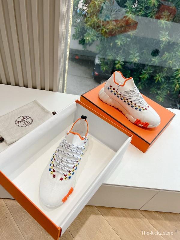 2024 Unisex Hermès White Blue Yellow Orange Calfskin Suede Sneakers MJ00290