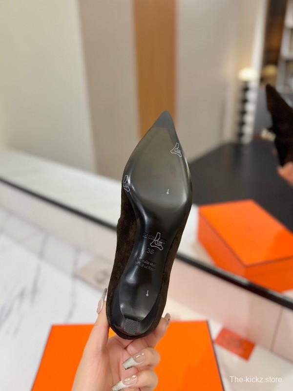 2025 Women Hermès Black Suede Mary Jane Shoes KFY00330