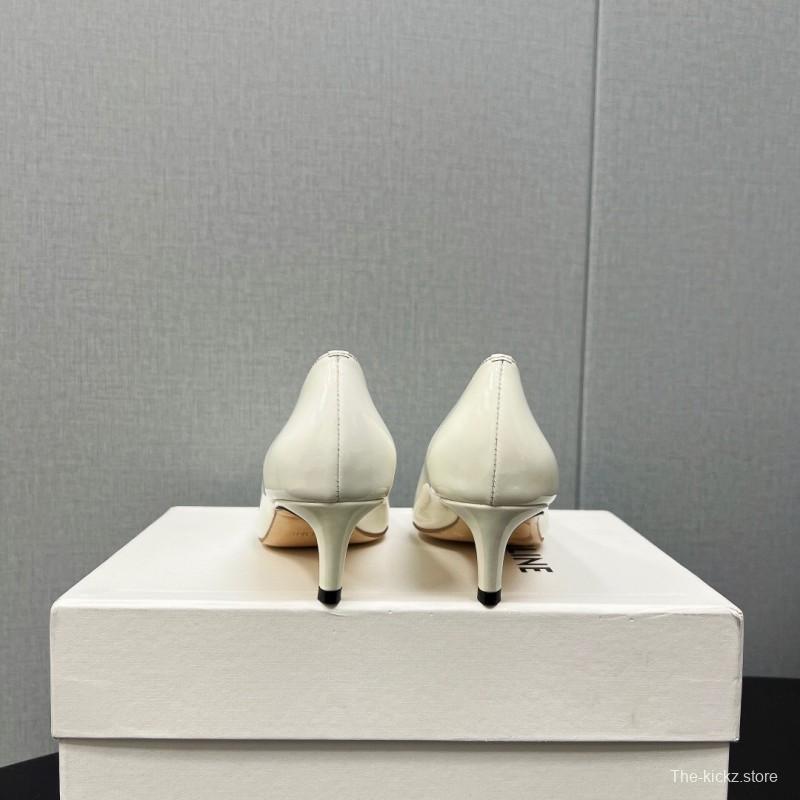 2025 Women Celine White Leather Pointed Toe Kitten Heel KFY00290
