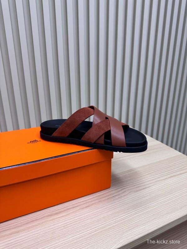 2025 Men HERMÈS Brown Leather Sandals