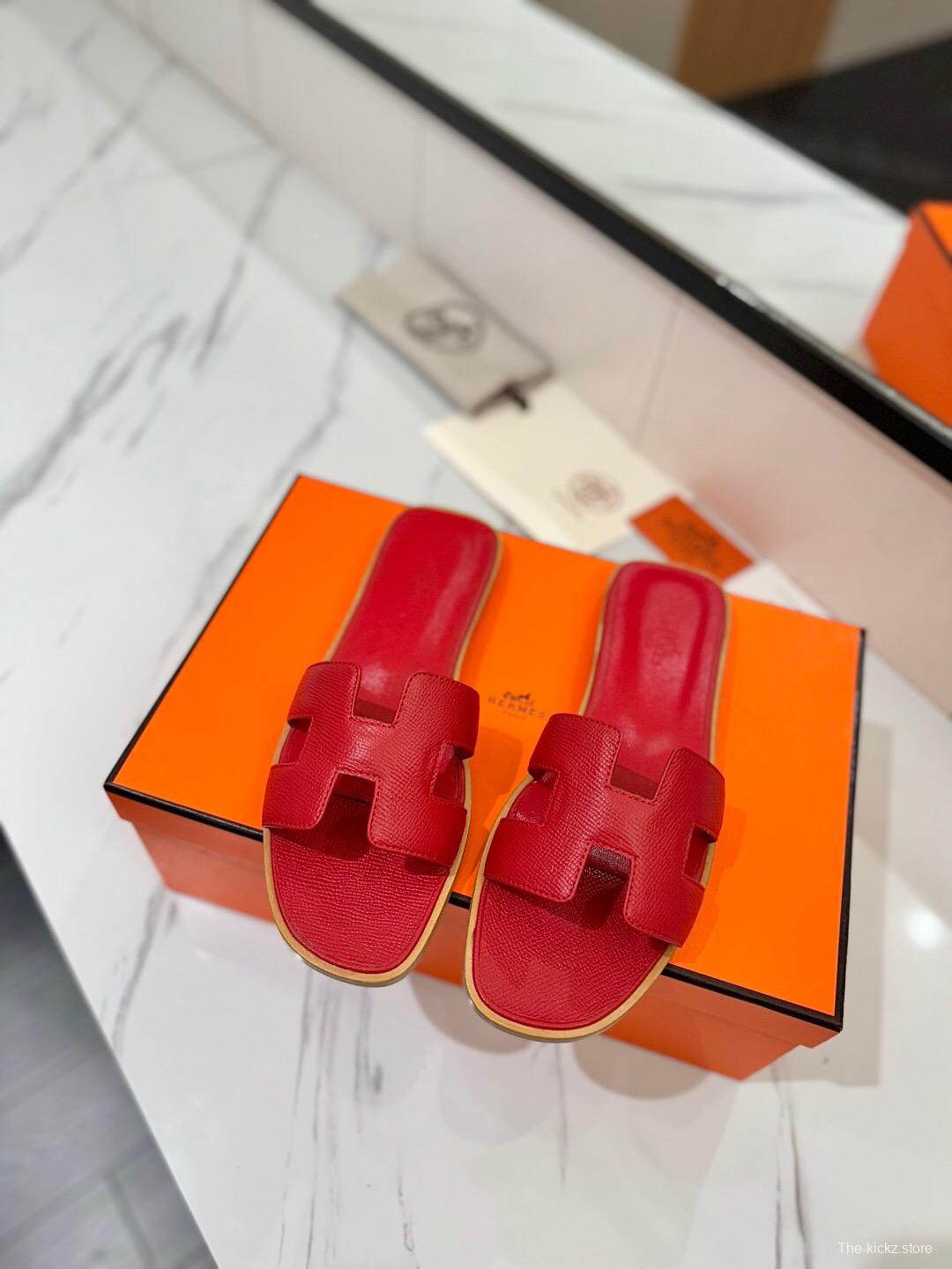 2025 Women Hermès Red Leather Slippers