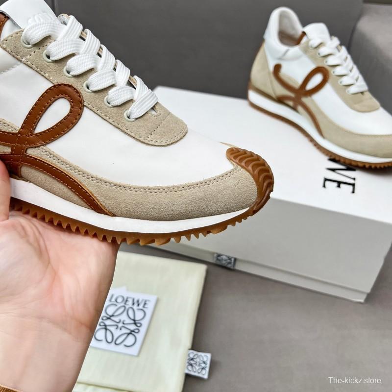 2025 Unisex Loewe White Beige Brown Leather Fabric Sneakers LY00270