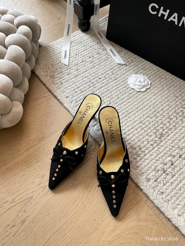 2025 Women Chanel Black Suede Pointed Toe Studded Mules